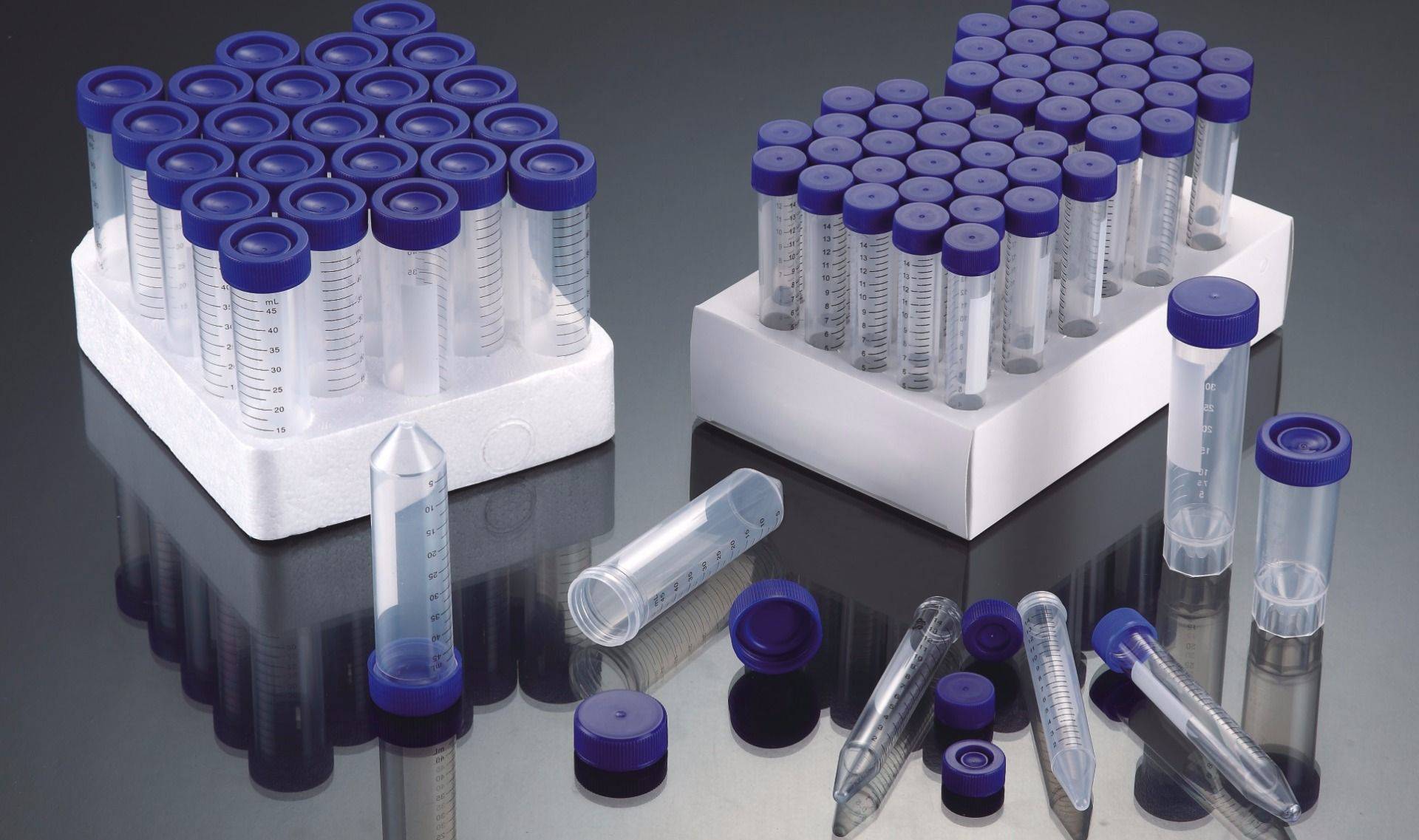 50ml Centrifuge tubes Conical base Plug Cap in Polystyrene rack - Global Scientific Ltd