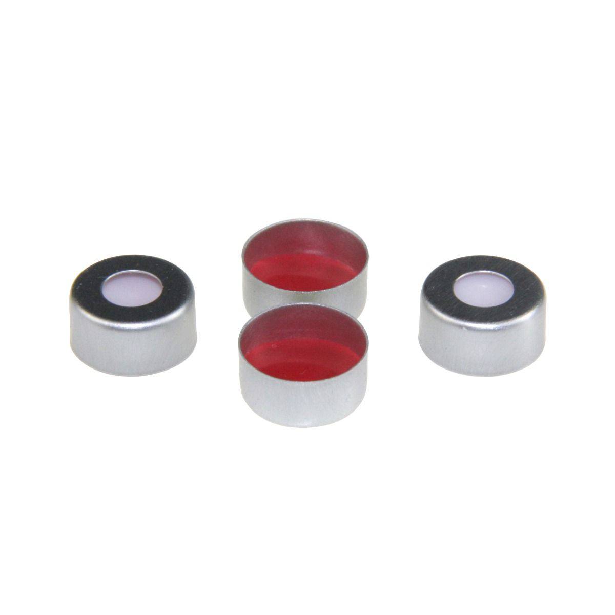 2ML Crimp Caps-GS000165-SILVER 11mm Open Top Crimp Cap with Red PTFE/ White Silicone Septa 1mm Thick. 100pcs/pk - Global Scientific Ltd
