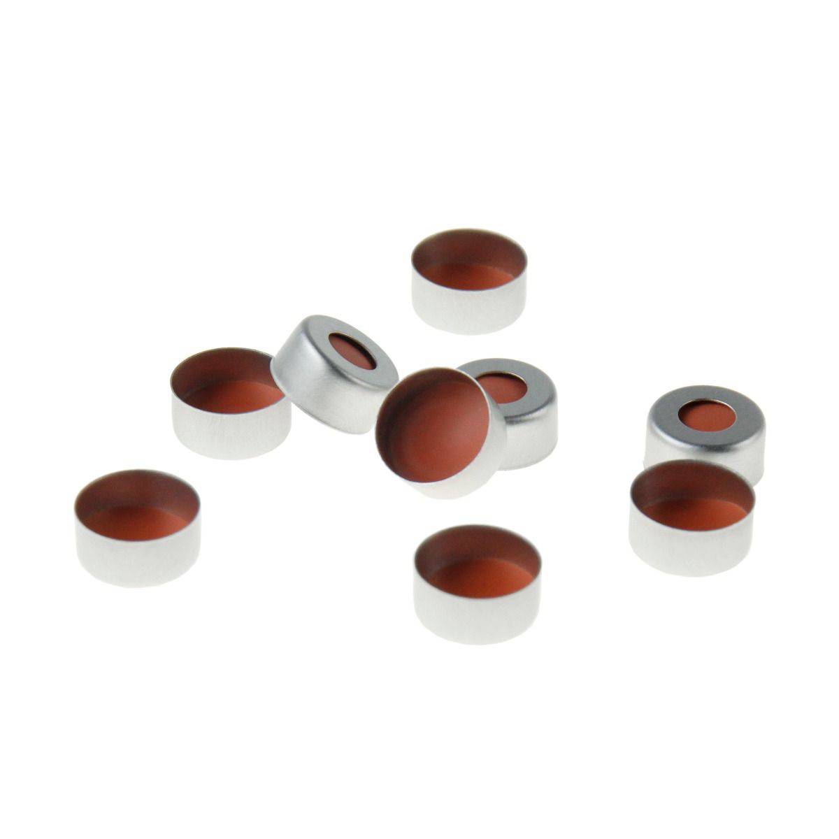 2ML Crimp Caps-GS000169-SILVER 11mm Open Top Crimp Cap with Transparent TEF/Natural Rubber red-orange Septa 1mm Thick. 100pcs/pk - Global Scientific Ltd