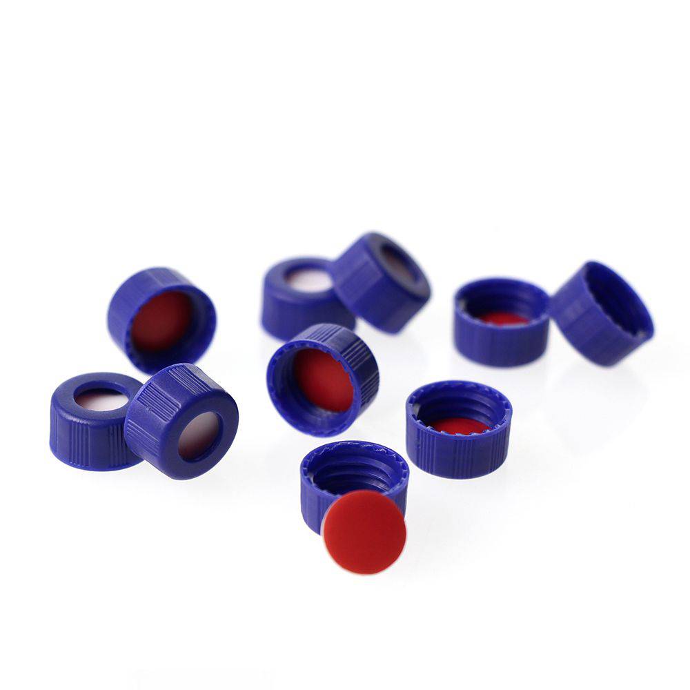 9-425 Caps-C0000143-Blue 9-425 Open Top Ribbed Screw Cap with 9mm Red PTFE/White Silicone Septa 1mm Thick. 100pcs/pk - Global Scientific Ltd