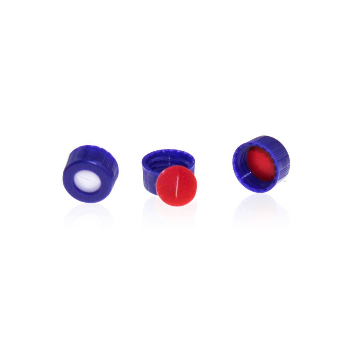 9-425 Caps-C0000148-Blue 9-425 Open Top Ribbed Screw Cap with 9mm Red PTFE/White Silicone Septa 1mm Thick PRE-SLIT. 100pcs/pk - Global Scientific Ltd