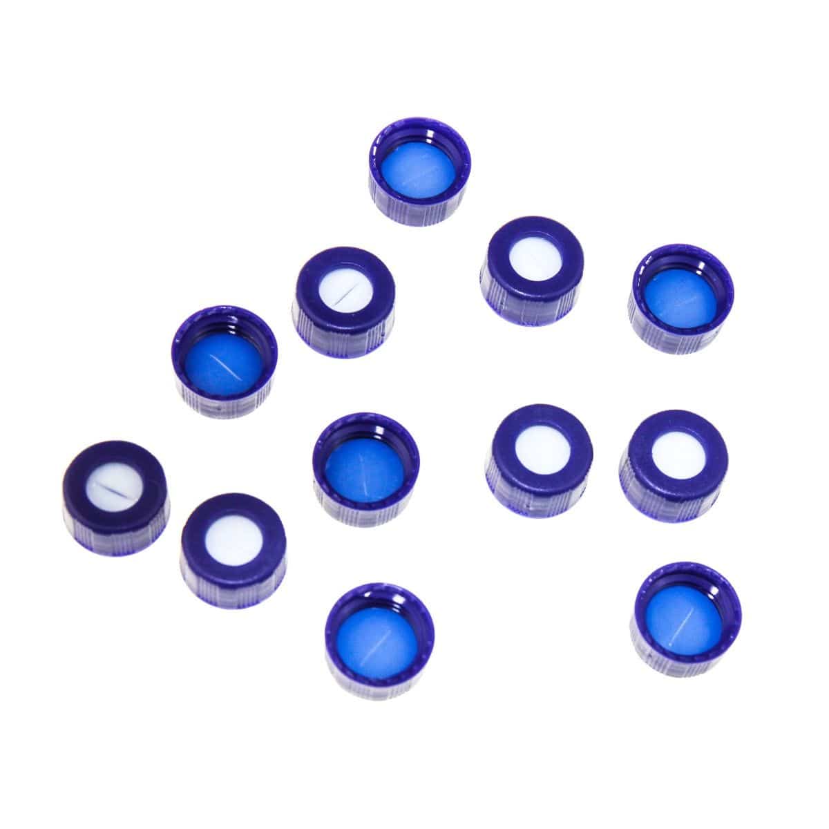 9-425 Caps-C0000149-Blue 9-425 Open Top Ribbed Screw Cap with 9mm Blue PTFE/White Silicone Septa 1mm Thick PRE-SLIT. 100pcs/pk - Global Scientific Ltd
