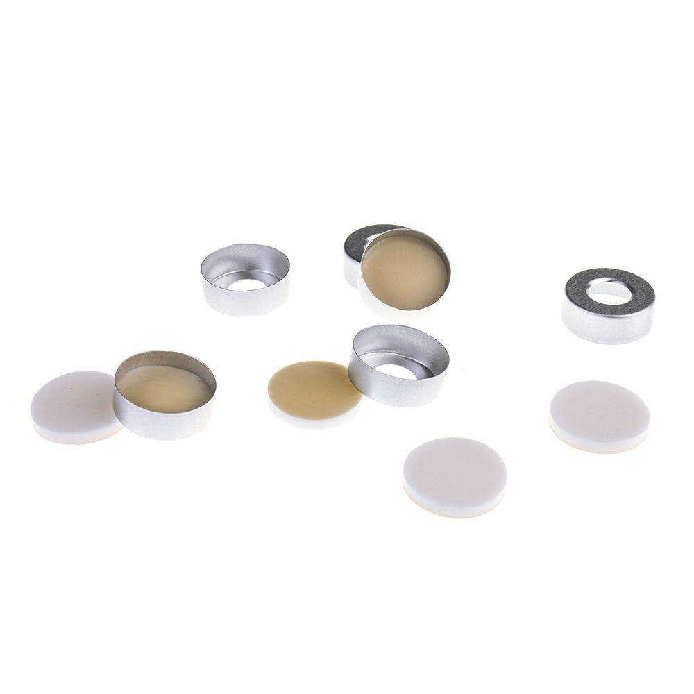 Crimp Headspace Caps-GS000196-20mm Open Top Aluminum Crimp Cap (10mm hole) with 20mm Natural PTFE/White Silicone Septa 3mm Thick. 100pcs/pk - Global Scientific Ltd