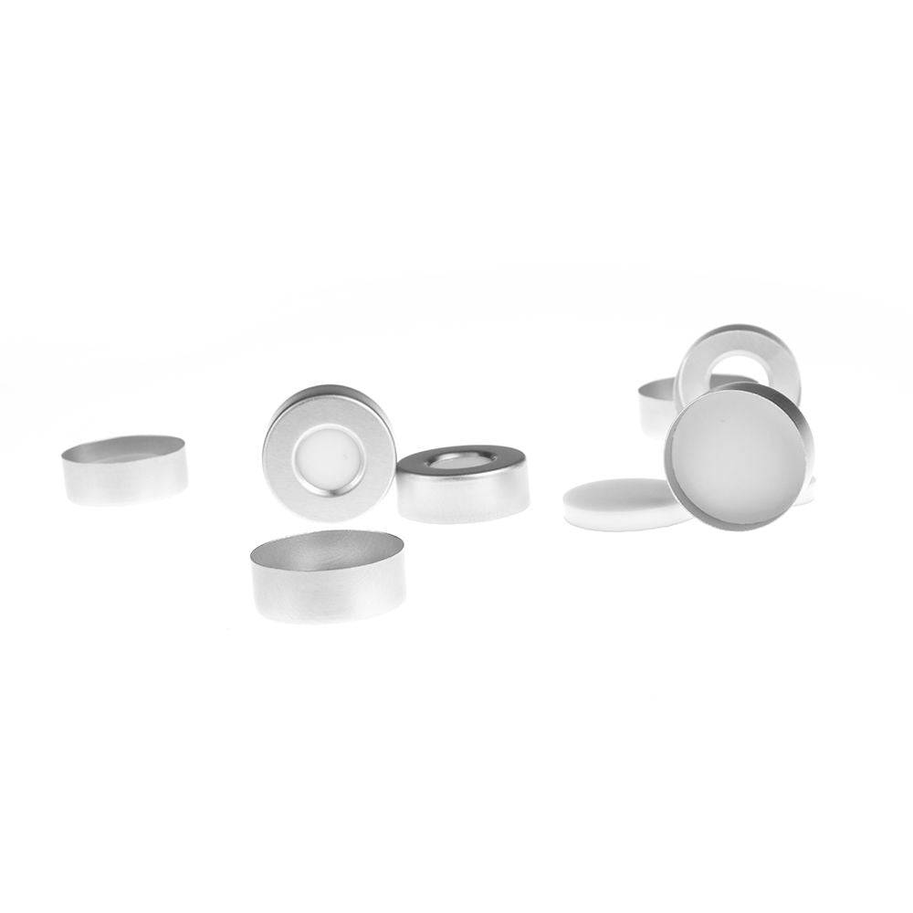 Crimp Headspace Caps-GS000198-20mm Open Top Aluminum Crimp Cap (10mm hole) with 20mm White PTFE/White Silicone Septa 3mm Thick. 100pcs/pk - Global Scientific Ltd
