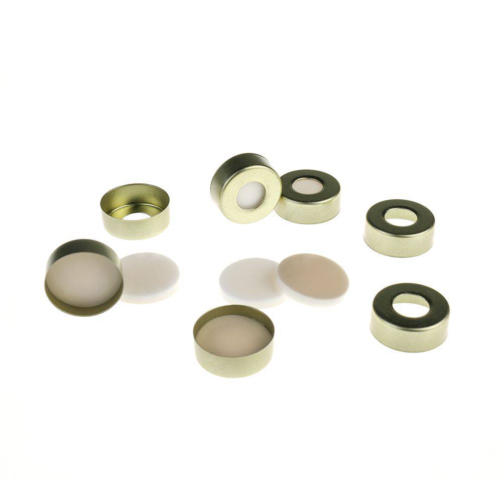 Crimp Headspace Caps-GS000205-20mm Open Top Gold Magnetic Crimp Cap (10mm hole) with 20mm Natural PTFE/White Silicone Septa 3mm Thick. 100pcs/pk - Global Scientific Ltd