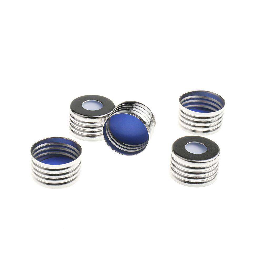 Screw Headspace Caps-GS000208-18mm Silver Color Open Top Metal Cap  (8mm hole) with 17.5mm Blue PTFE/White Silicone Septa 1.5mm Thick. 100pcs/pk - Global Scientific Ltd